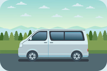 Light Gray Minivan on a Roadside Scenic Landscape