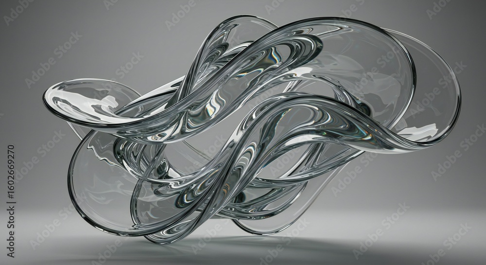 Poster abstract flowing form of clear glass loops and curves in a complex, graceful design