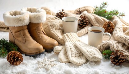 Cozy winter scene with boots, gloves, and mugs