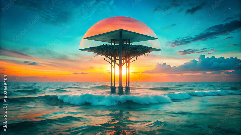 Poster sunset composition showing treetop structure overlaying coastal view