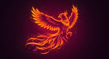 Fiery phoenix soaring through a dark background, vibrant orange-red flames.