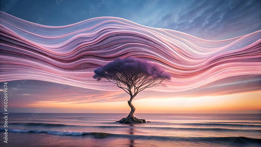 Poster tree shape morphing into linear wave pattern under coastal sky