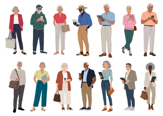 Set of different senior business people standing in smart casual office outfits. Aged men, women with smartphone, tablet, bag. Vector realistic illustrations isolated on transparent background