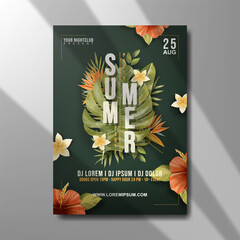 summer party flyer template with palm leaves