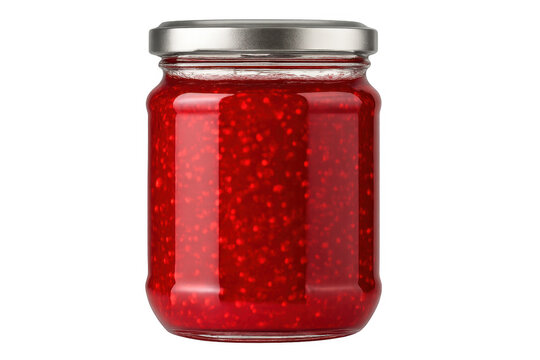 Glass jar containing homemade raspberry preserves with metallic lid, resting on transparent surface