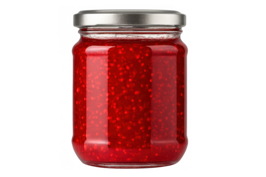 Glass jar containing homemade raspberry preserves with metallic lid, resting on transparent surface