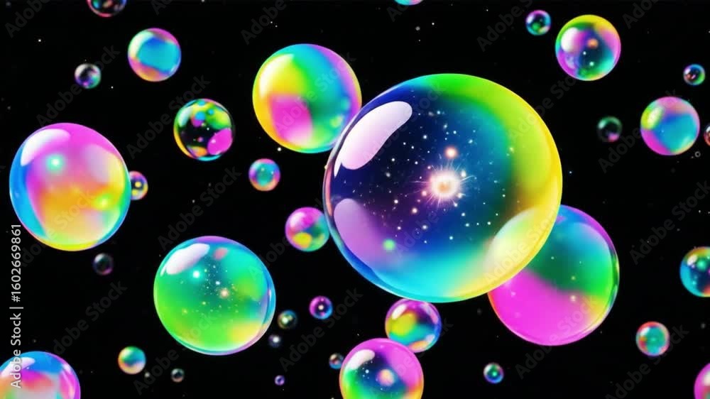 Poster floating glowing bubbles with internal lights and cosmic reflections on a dark background, suitable 