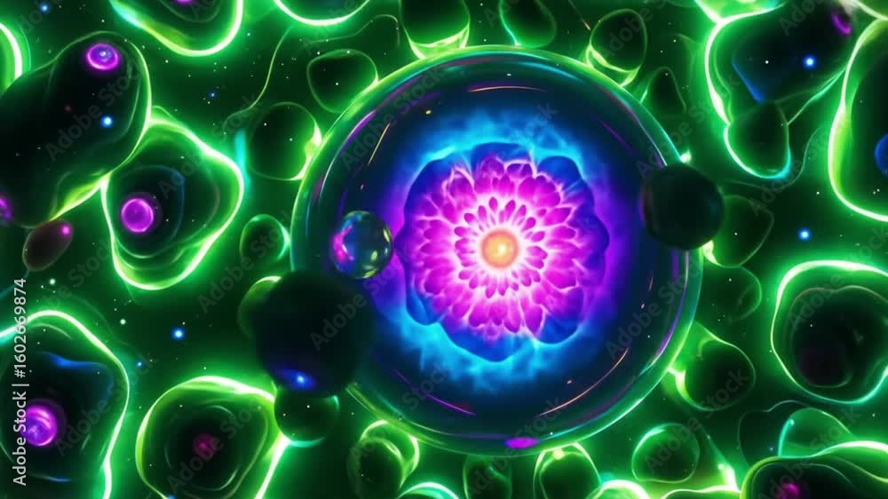 Poster animated glowing cell-like bubbles with neon green and purple textures pulsating organically, suitab