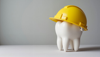 Dental molar model with yellow hard hat – Labor Day dental safety humor