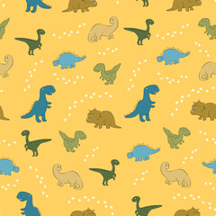 Bright seamless dinosaur pattern on yellow background with hand-drawn cartoon characters for kids products