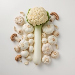 "Artistic Arrangement of White Vegetables: Cauliflower, Daikon Radish, Garlic, and Mushrooms"