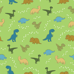 Seamless vector pattern with colorful cartoon dinosaurs on bright green background for kids textiles and wallpapers