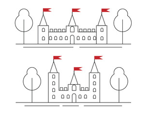 Medieval Castle Line Art with Trees Set. Historical buildings and architecture vector art