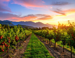 Fototapeta premium Picturesque vineyard landscape sunset, showcasing rows of grapevines laden with ripe fruit. vibrant sky transitions from orange to purple, with mountains background, creating serene and tranquil
