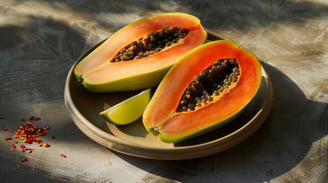 Fresh Papaya with Lime Wedge and Chili Flakes on Ceramic Plate