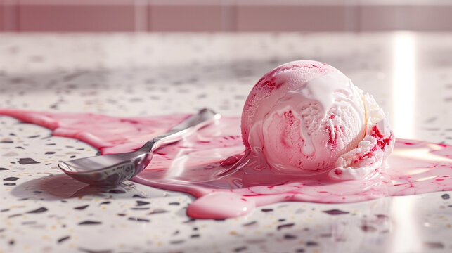 Melting Ice Cream Scoop on Granite Countertop with Spoon