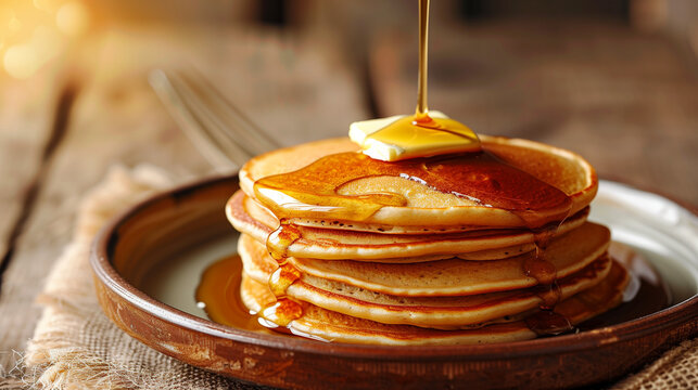 Stack of Pancakes with Maple Syrup Pour and Melting Butter