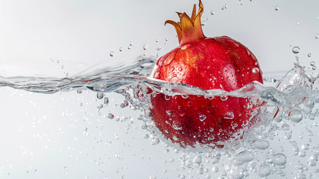 Whole Pomegranate Splashing into Clear Water with Bubbles