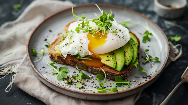 Avocado Toast with Poached Egg and Microgreens on Whole Grain Bread