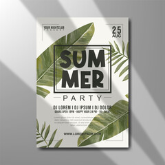 summer party flyer template with palm leaves