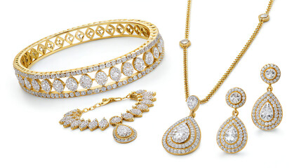 A collection of gold and diamond jewelry including a bangle bracelet necklace and teardrop earrings