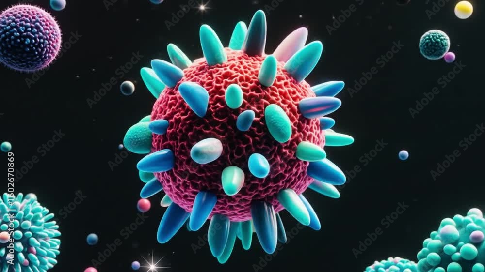 Poster close-up animation of abstract alien-like bubbles with complex textures and floating clusters, suita