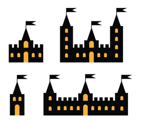 Medieval Castle with Towers Silhouettes Set. Historical buildings and architecture vector art