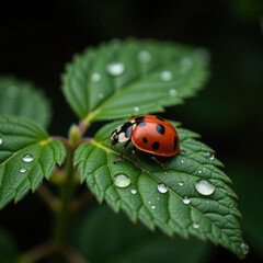 Fototapeta premium Vibrant ladybug rests on green leaf adorned with droplets of water, showcasing nature beauty and intricate details