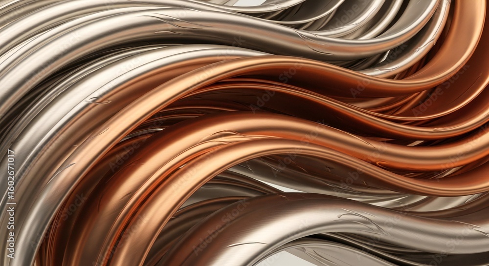 Poster abstract depiction of flowing metallic curves in silver and copper tones creating depth
