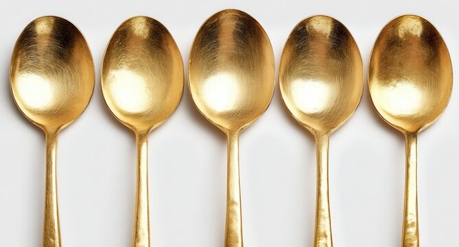 Vibrant photo of 5 of the same golden-colored, super-thin, solid steel tablespoons on a white background.