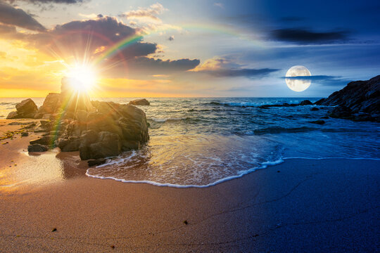 landscape by the sea in summer. day and night time change concept. beautiful beach with rocks washed by calm waves with sun and moon at twilight. view to horizon under blue sky with clouds