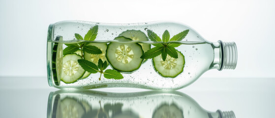 Refreshing cucumber water in clear bottle with mint leaves, showcasing healthy beverage option