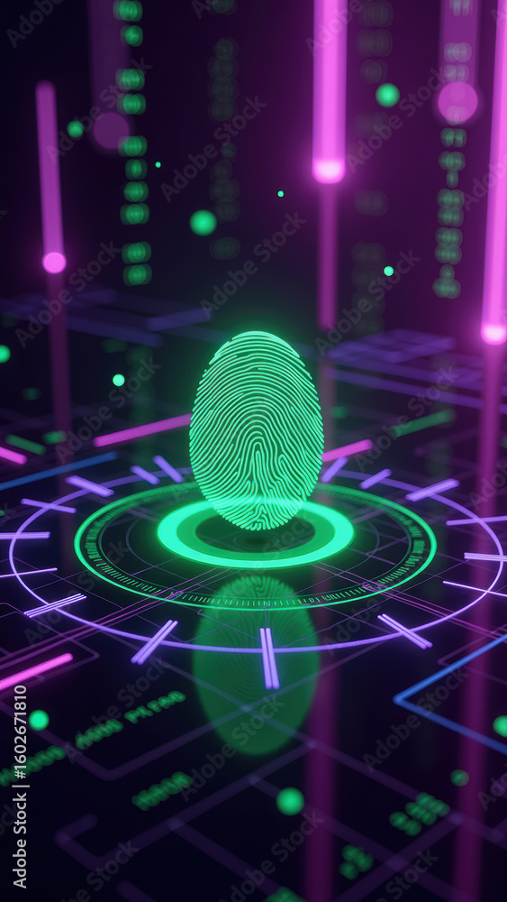 Poster digital fingerprint technology showcases vibrant green fingerprint on futuristic interface, surround