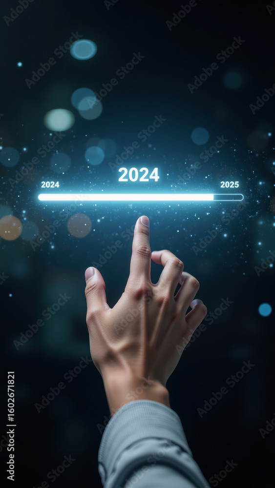 Poster hand reaching towards glowing timeline displaying years 2024 and 2025, symbolizing transition into f