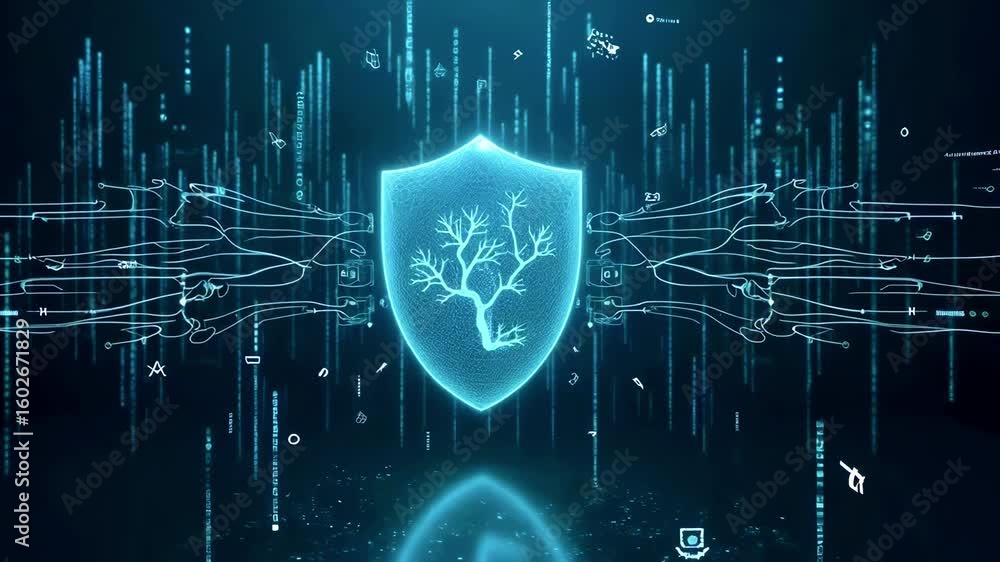 Poster futuristic digital shield with tree design, symbolizing protection in a tech environment