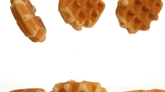 Waffles are displayed on a white background some circular and others rectangular