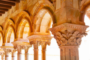 Cloister of the Cistercian Abbey of San Andrés de Arroyo in the natural and historical region of Ojeda, Palencia, in the autonomous community of Castile and León, Spain. Europe