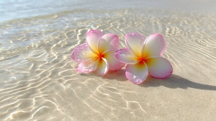 Fototapeta premium Two delicate plumeria flowers resting on a sandy beach.