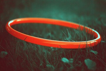 Bright red hula hoop resting on green grass in a sunny park during the daytime with scattered leaves around