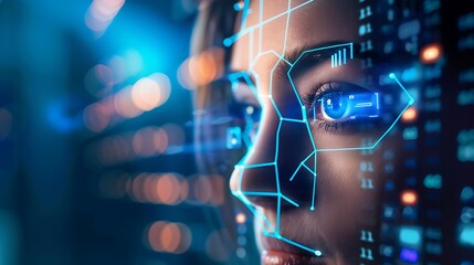 Future of Technology Humanoid Face with Futuristic Digital Overlay and Glowing Blue Eyes