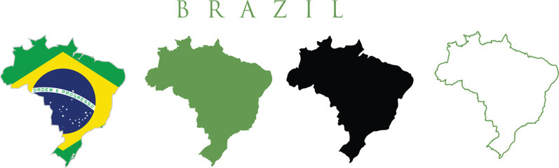 Brazil map vector icon set. Silhouette, outline, flag, flat  styles. Brazil political map set on white background.
