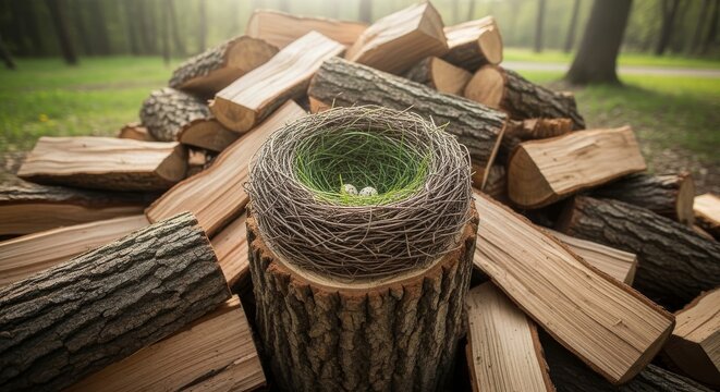 Bird’s nest with blue eggs tucked inside a hollow log in a neatly stacked pile of firewood, symbolizing nature’s resilience and unexpected beauty