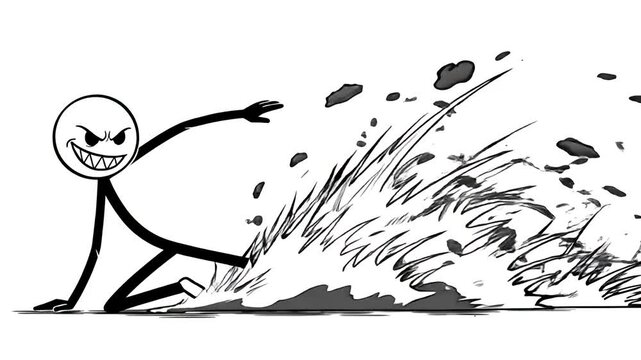 Angry Stick Figure Kicking Up Dirt and Grass