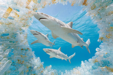 Shark swimming through plastic drinking bottles.