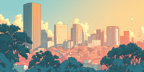 Fototapeta premium アニメ風に描かれたサンセットの都会風景｜高層ビルとオレンジ色の夕焼け空｜昭和レトロ｜黄昏時の街並み｜シティ｜ノスタルジック風景素材｜遠景背景｜アートワーク｜静かな街の空気感