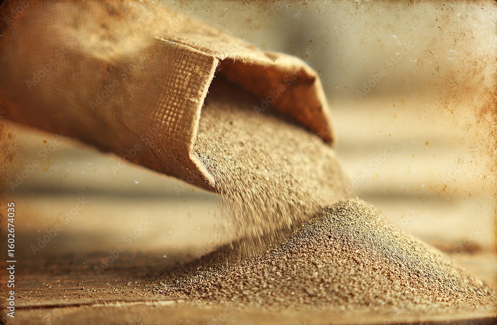 Poster brown powder spills from burlap sack onto wooden surface creating a textured and earthy display in a