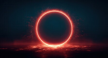 Vibrant photo of glowing ring of light on a dark background, in a futuristic and sci-fi style, with an energy explosion effect, glowing lines, a circular shape, a red color.