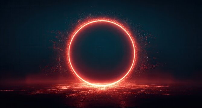 Vibrant photo of glowing ring of light on a dark background, in a futuristic and sci-fi style, with an energy explosion effect, glowing lines, a circular shape, a red color.