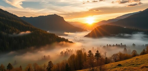 Golden sunrise bathes Slovakian valley, mist clinging to mountain slopes,  flora,  scenic view
