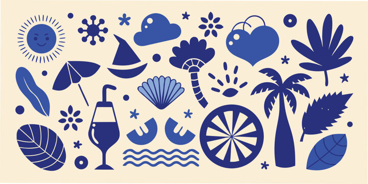 Vector illustration of summer holiday icons in a cohesive blue color palette suitable for various design projects and applications